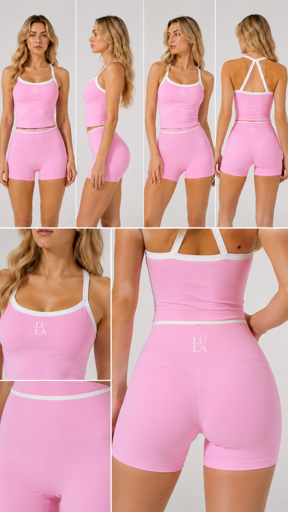 woman in pink shorts activewear workout set in pink color for pilates and yoga exercises 